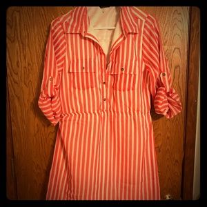 Coral White Striped Button Down High Low Dress XL